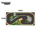 This illustration depicts the Portable Turbo Racing Rubber Mat for 1:76 RC Mini Car Track by Lacatang Shop. It measures 900mm by 400mm, featuring curves, a checkered finish line, parking area, landscaped sections with a pool, and "Turbo Racing" prominently on the top left and track.