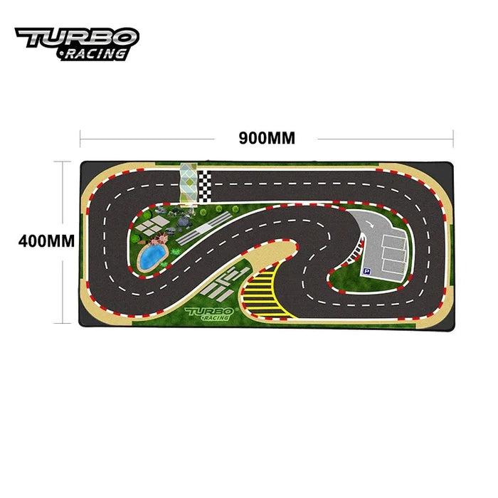 A Portable Turbo Racing Rubber Track Mat by Lacatang Shop, sized 160x90cm or 180x80cm, displays winding roads and a checkered finish line. Its enhanced grip allows thrilling races amid greenery and a pool. The "Turbo Racing" logo is at the top left corner and on the track itself.