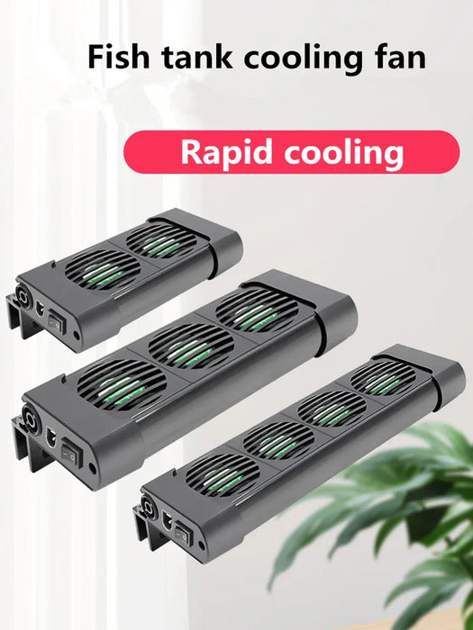 Three sleek, black aquarium cooling fans from Lacatang Shop are set against blurred greenery. With text highlighting "Rapid cooling," these fans from Mainland China feature visible vents and power connectors for optimal performance in reducing water temperature.