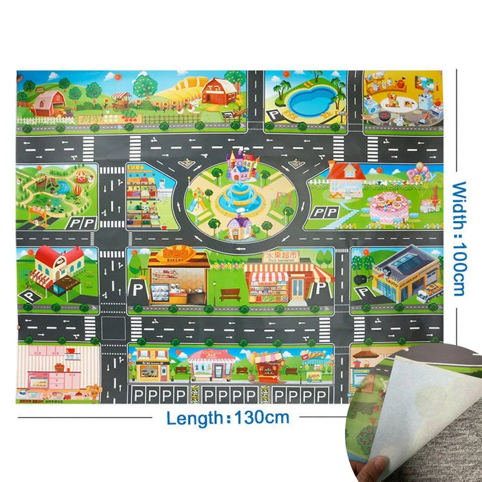 Explore the Lacatang Shop's Colorful Cartoon City Traffic Play Mat with Toy Cars for kids. This vibrant 130cm x 100cm educational rug enhances imagination and cognitive skills with roads, parking spaces, and buildings. Perfect for gifts!.