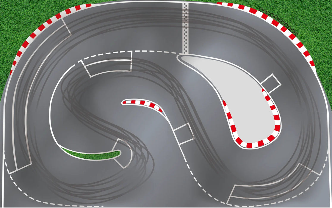 The 2.4m Drift Racing Track from Lacatang Shop features a smooth gray surface with winding curves, red and white barriers, tire marks, and grassy areas—perfect for RC cars like the Kyosho Mini-Z, Mini-Q, WLtoys, and more.