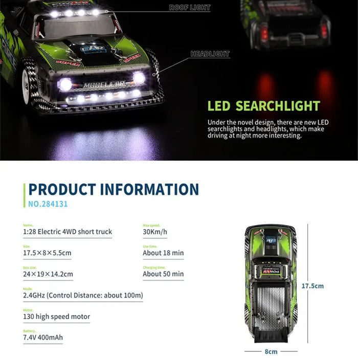 Image of the WLtoys 1:28 284131 284161 Racing Mini RC Car with LED searchlights. The car features a green and black design, with LED lights positioned on the front. Equipped with a powerful lithium battery, this remote control vehicle can reach speeds up to 30KM/H. Product information from Lacatang Shop is displayed below, highlighting key specifications such as speed, battery life, and dimensions.