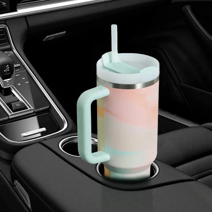 40 oz Iced Tumbler with Handle Straw Lid Stainless Steel Vacuum Insulated Coffee Mug Portable Thermal Travel Cup for Sport Car