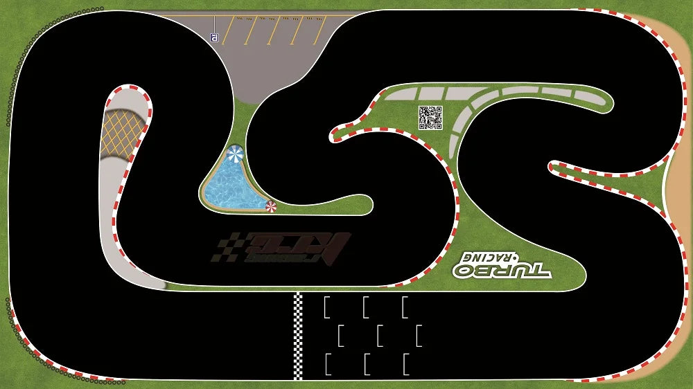 An overhead view of a 1.6x0.9m Portable Turbo Racing Table Mat by Lacatang Shop, featuring winding black asphalt, red and white striped barriers, a marked starting line, green grass borders, and resembling a full racing track with pool and parking spaces for mini RC cars (1/76, 1/64, 1/58 models).