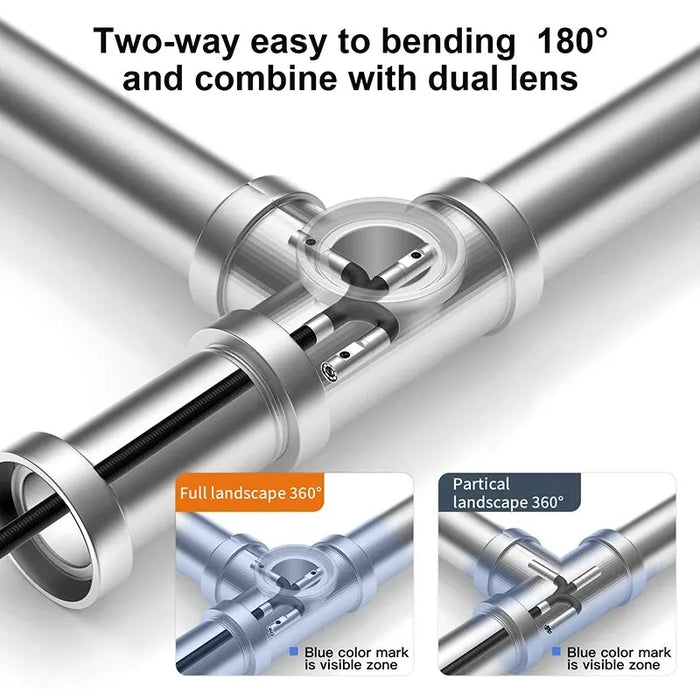 A product image showcasing the AliExpress 360° Steering Industrial Endoscope Camera 8mm 5" IPS Screen Single & Dual, a metallic, cylindrical device with two lenses designed specifically for car engine inspection. The camera features a 180-degree bend capability and is equipped with both single and dual 8mm lenses. Below are two smaller images demonstrating its full and partial 360° landscape functionalities.