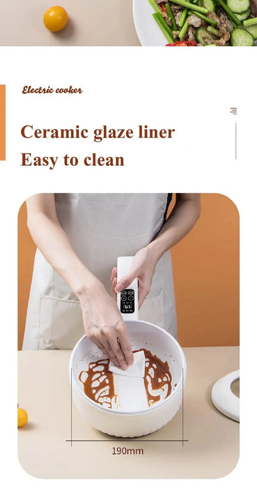 A person is seen cleaning a large white bowl filled with red sauce using a white sponge. The top text reads "1.6L Smart Electric Cooking Pot" and "Ceramic glaze liner - Easy to clean." The dimensions of the bowl are labeled as 190mm, and the brand name, Lacatang Shop, is featured prominently. A vegetable dish sits in the background.