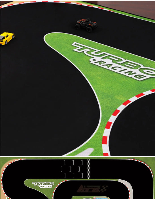 Lacatang Shop's TURBO RACING 1:76 Remote Control Car Racing Track Set zooms on a black and green track with red and white borders. It includes curved sections, showcases "Turbo Racing," a compact layout diagram, and features jump and drift abilities.