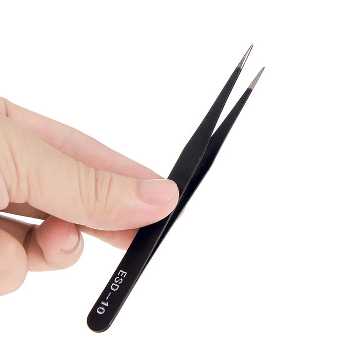 A hand holding a pair of ESD Anti-Static Stainless Steel Tweezers Precision Maintenance by AliExpress with a pointed tip. Labeled "ESD-10," these black tweezers are ideal for electronic repair. The white background highlights the tweezers and the hand.