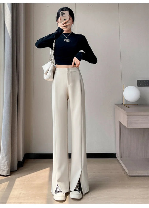 Jielur Coffee Skinny Basic Suit Women Wide Leg Pants Autumn Straight Casual Apricot Trousers Solid Color Split Office Lady Pants