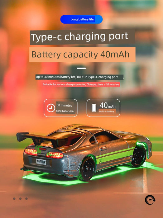 A Turbo Racing 1:76 Miniature Full-Scale C71c72c73c74 Remote Control Electric Drift Sports Car Toy from Lacatang Shop, designed with a rear spoiler, sits on a neon-lit surface. The image showcases its Type-C charging port, 40mAh battery capacity, and up to 30 minutes of battery life. Text boxes provide these details alongside graphics like an outlined clock and battery icons. Experience the thrill of TURBO RACING!