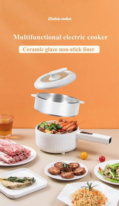 The image showcases a 1.6L Smart Electric Cooking Pot Reservation Multifunctional Non-stick Electric Wok Household Electric Hot Pot With Steamer 220V from Lacatang Shop, featuring a ceramic glaze non-stick liner, set against an orange background. The cooker is displayed with its lid off, revealing the inner pot. Surrounding the cooker are various dishes including meat, vegetables, and noodles.