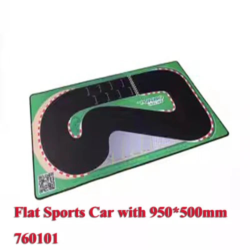 The Lacatang Shop's Turbo Racing 1:76 Remote Control Car Racing Track Set features a 950 by 500 mm green mat with a red and white border, ideal for enthusiasts. The text "Flat Sports Car with 950*500mm 760101" appears in red.