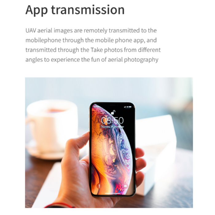 A person holding a smartphone displaying a vivid aerial photograph on its screen. The text above discusses how UAV aerial images from the Ninja Dragon Phantom X HD Dual Camera Smart Quadcopter Drone by Yellow Pandora are transmitted to the mobile phone via an app, enabling users to capture photos from different angles for aerial photography fun.