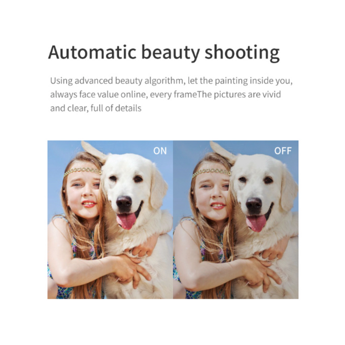 Side-by-side comparison of a photo taken with the Yellow Pandora Ninja Dragon Phantom X HD Dual Camera's "Automatic beauty shooting" on and off. Both photos show a smiling girl with long hair and a headband, holding a white dog. In the "ON" photo, the colors are more vibrant, and the image appears smoother, thanks to the advanced features of the Ninja Dragon Phantom X.