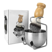 Men's Shaving Brush and Bowl Set, 3-in-1 Shaving Brush Kit Wood Handle with Stainless Steel Shaving Bowl & Brush Stand