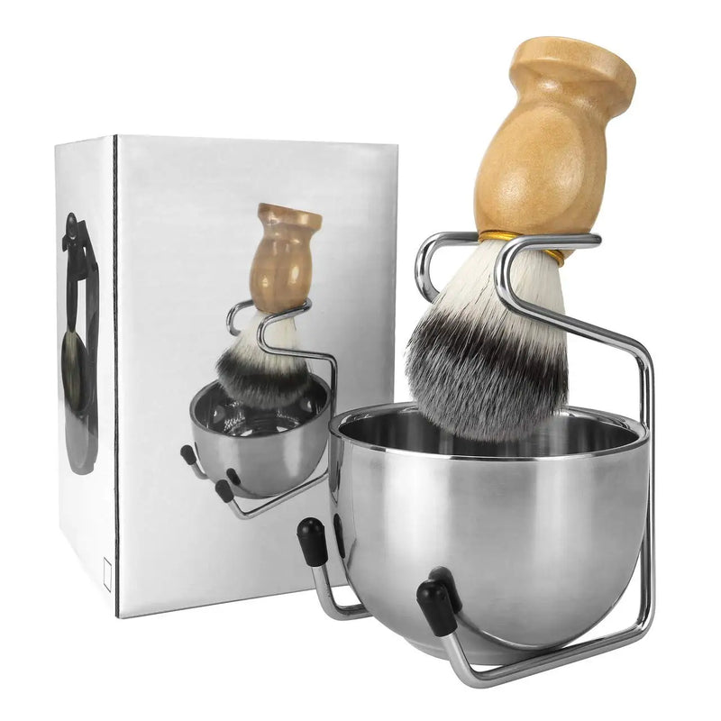 Men's Shaving Brush and Bowl Set, 3-in-1 Shaving Brush Kit Wood Handle with Stainless Steel Shaving Bowl & Brush Stand