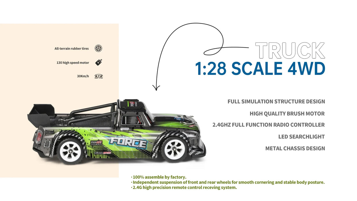 Image of the WLtoys 1:28 284131 284161 Racing Mini RC Car from Lacatang Shop, featuring a green and black design with white wheels and a "Force" logo on the side. Specifications include a 1:28 scale, 4WD, full simulation structure design, high-quality brush motor, LED searchlight, metal chassis, 2.4GHz radio controller, and a lithium battery capable of reaching speeds up to 30KM/H.