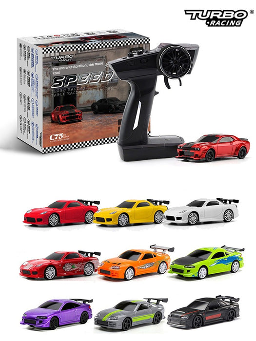 The image displays a "Lacatang Shop" branded JDM Racing Miniature Toy Remote Control Sports Car set, featuring a sleek black and gray remote control alongside seven vibrant model cars. Each racing toy comes in different colors—red, yellow, orange, white, green, purple, and black—and boasts dynamic racing designs with spoilers.