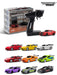 The image displays a "Lacatang Shop" branded JDM Racing Miniature Toy Remote Control Sports Car set, featuring a sleek black and gray remote control alongside seven vibrant model cars. Each racing toy comes in different colors—red, yellow, orange, white, green, purple, and black—and boasts dynamic racing designs with spoilers.