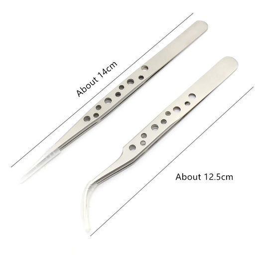 Two stainless steel tweezers, ideal for tasks such as eyelash extension, are displayed side by side against a white background. One measures approximately 14 cm and has straight, pointed tips; the other measures 12.5 cm with angled, pointed tips. Both feature a series of round holes on the handles and are part of the "Electronics Industrial Tweezers Anti-static Curved Straight Tip" collection from AliExpress.