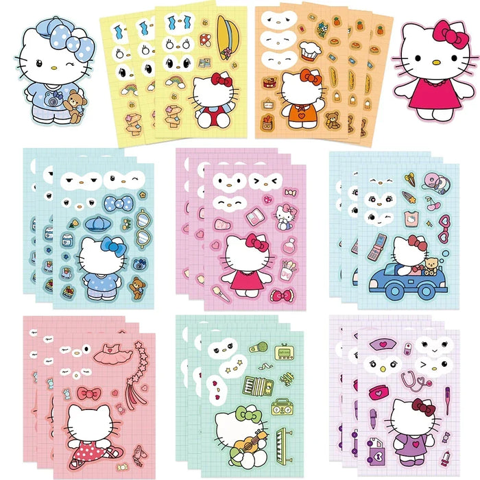 Kawaii Hello Kitty Make-a-Face Jigsaw Sticker Puzzle Set - 8/16 Sheets of Fun Cartoon Assemble Game for Kids