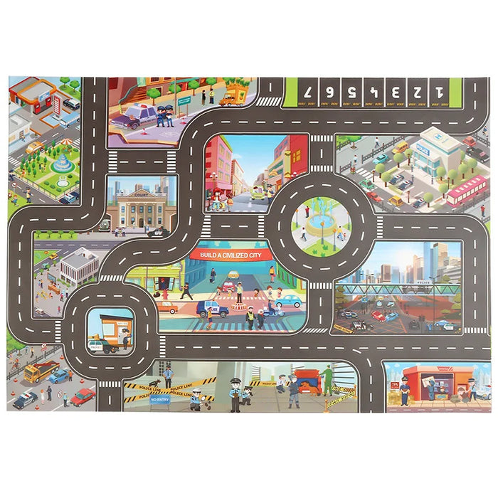 The Lacatang Shop City Traffic Play Mat for Babies is an educational road map carpet featuring roads, intersections, and buildings. It includes cars, people, greenery, a playground, and traffic signs. The text "Build a Civilized City" teaches road safety concepts in an engaging manner.