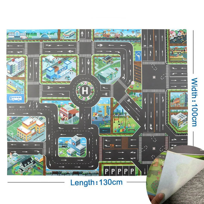 Introducing the Colorful Cartoon City Traffic Play Mat with Toy Cars from Lacatang Shop, an educational baby rug perfect for Christmas and birthday gifts. This vibrant mat features a city layout with roads, buildings, and a helipad, measuring 130cm by 100cm with an easily revealed thickness.