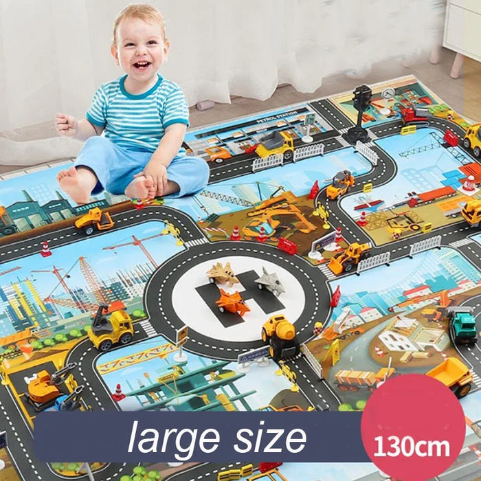 A child in a striped shirt smiles while sitting on Lacatang Shop's Interactive City Traffic Play Mat, a colorful and waterproof educational rug for boys and girls. This large mat, with an impressive 130 cm spread, features roads, vehicles, and buildings to encourage imaginative play.