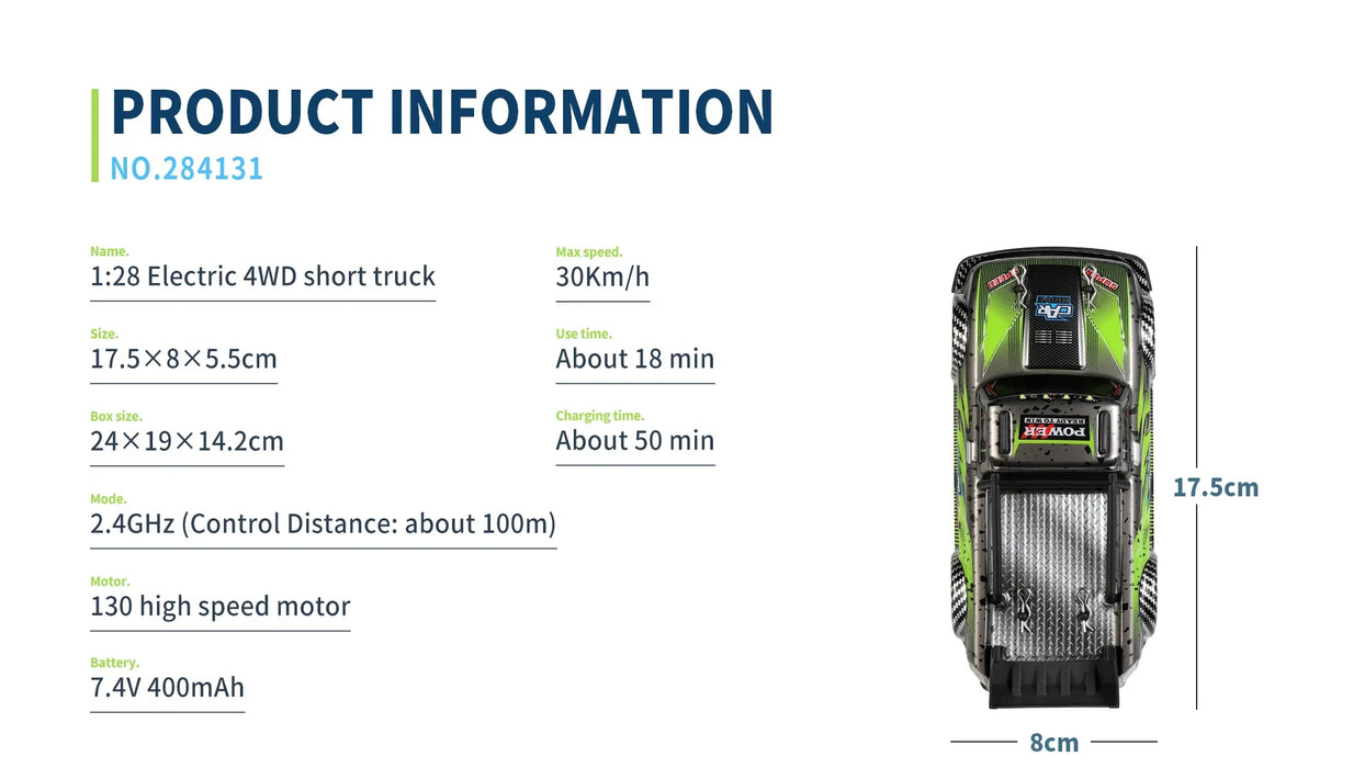 Detailed product information for the WLtoys 1:28 284131 2.4G Racing Mini RC Car by Lacatang Shop, including dimensions, lithium battery specs, control distance, motor type, and speed. This 4WD electric high-speed remote control drift toy achieves a max speed of 30 KM/H and operates for about 18 minutes on a full charge, which takes approximately 50 minutes.