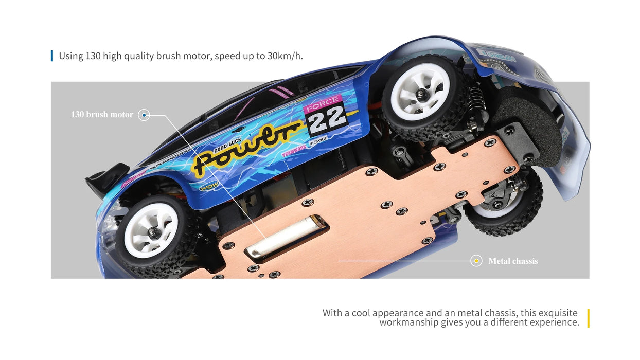 An image showing a blue remote-controlled car with "Power" decals. This WLtoys 1:28 284131 284161 Racing Mini RC Car, available from Lacatang Shop, features a high-quality 130 brush motor and a lithium battery, enabling speeds of up to 30km/h. A metal chassis is highlighted. Text reads, "With a cool appearance and a metal chassis, this exquisite workmanship gives you a different experience.