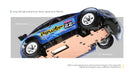 Image of a blue WLtoys 1:28 284131 284161 Racing Mini RC Car shown from the bottom. Labels indicate a "130 brush motor" and "metal chassis." The car body has the label "Power" and the number "22." Text above notes, "Using a high-quality 130 brush motor, speed reaches up to 30KM/H with a long-lasting lithium battery." Available at Lacatang Shop.