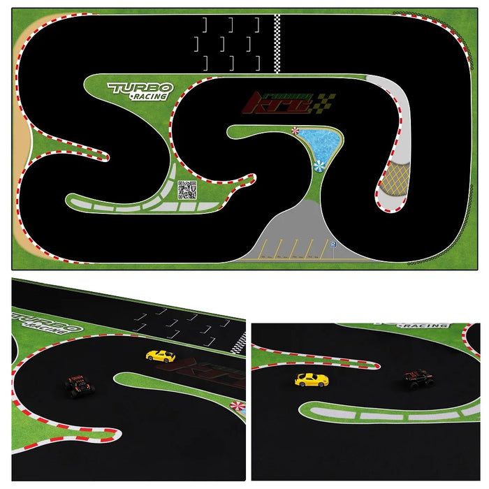 The top image displays Lacatang Shop's Portable Turbo Racing Track Mat (1600x900mm) with intricate winding curves and the iconic logo. Below, yellow and black mini cars speed along this rubber accessory, framed by red and white striped borders.