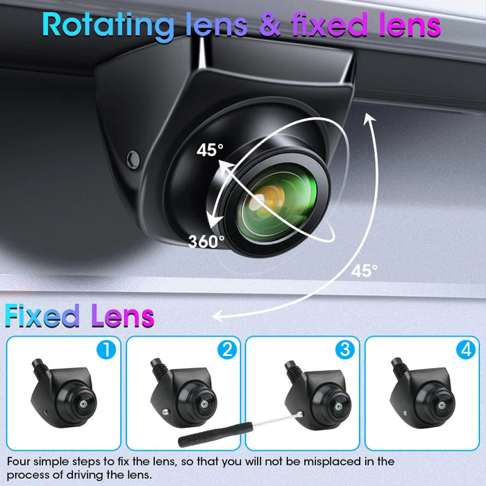 The Lacatang Shop's Develuck HD 1080P camera features a waterproof fisheye golden lens that rotates 360° and tilts 45°, with night vision capabilities. Illustrations detail four steps to securely fix the universal 12V reverse system lens in place.