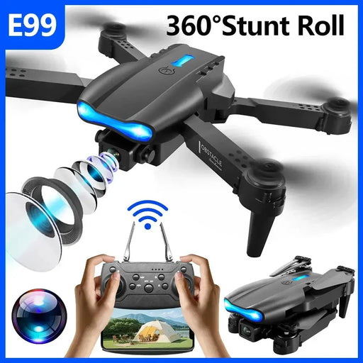 Image of the New One-click Drone E99 UAV from AliExpress, a black foldable mini drone featuring "360° Rotating," "Obstacle Avoidance," and "Altitude Hold Mode." It includes a diagram of a WIFI FPV Camera lens and shows a remote controller with a smartphone displaying outdoor scenery.