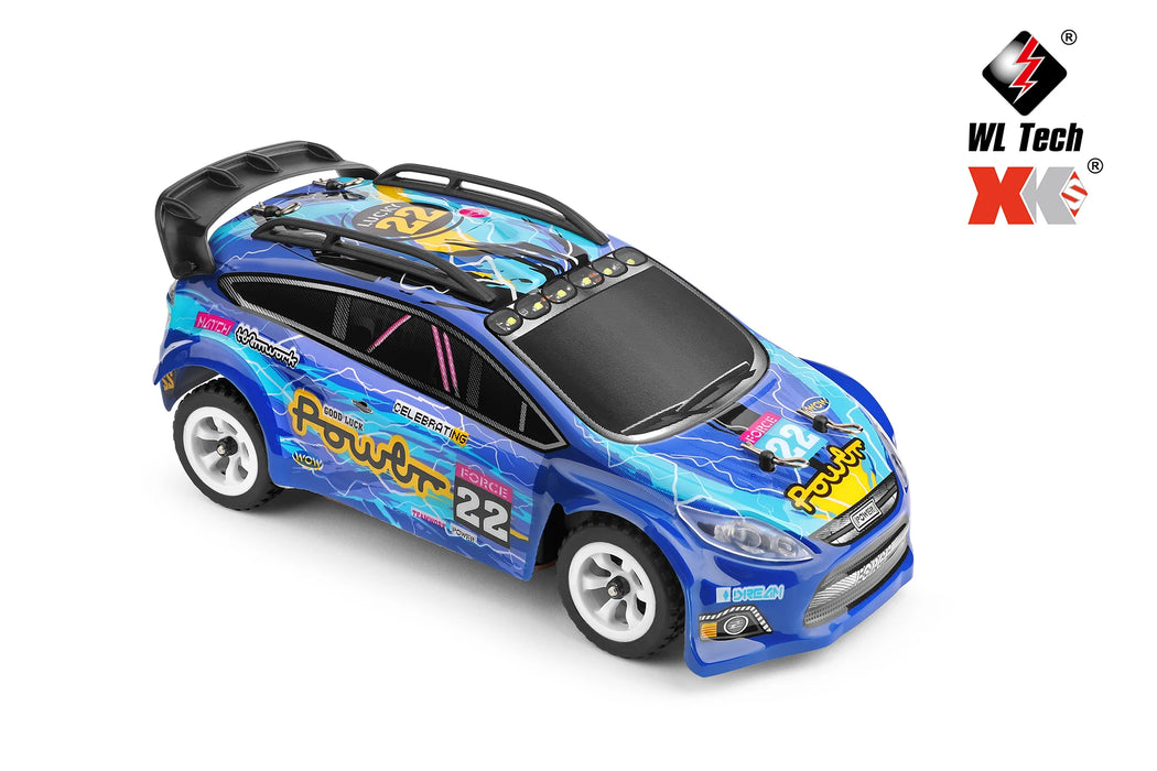 A blue and purple WLtoys 1:28 284131 284161 RC rally car with vibrant decals, including "Power" and the number 22, is shown. This Racing Mini RC Car features white wheels, a black roof with a roof rack, and various sponsor logos. With speeds up to 30KM/H and powered by a Lithium Battery, Lacatang Shop brand logos are in the top right corner.