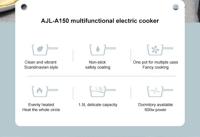 A product label for the 2024 New Portable 1.5L Multi-function Pot Rice Cooker Electric Cooking Stir Frying Noodle Pot Mini Hot Pot Household Dormitory by Lacatang Shop. Features include clean and vibrant Scandinavian style, non-stick safety coating, one pot for various uses, even heating, 1.5L capacity, dormitory-suitable, and 600W power.
