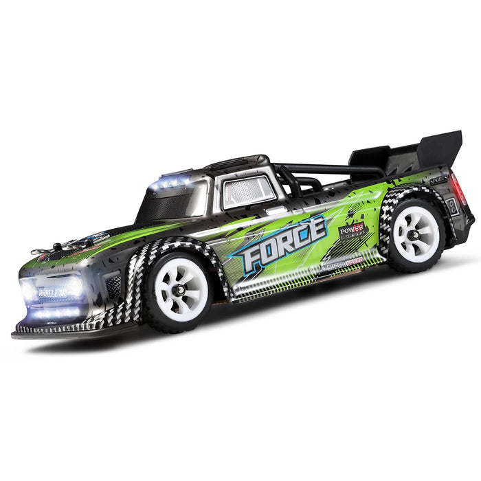 The WLtoys 1:28 284131 284161 Racing Mini RC Car, available at Lacatang Shop, is a green and black remote-controlled car with white wheels featuring "Force" on the side. It boasts dynamic graphics and light details on the front and roof. Equipped with a lithium battery, it can reach speeds up to 30KM/H. The sleek design includes a spoiler and racing decals for a high-speed appearance.