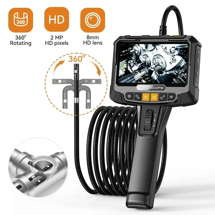 The 360° Steering Industrial Endoscope Camera 8mm 5" IPS Screen Single&Dual by AliExpress features a flexible, coiled cable and an attached camera. This handheld device boasts a detailed 1080P IPS screen ideal for displaying images of mechanical parts. Icons highlight key features: a fully rotating 360° capability, high-definition 2MP pixels, and both single and dual lens options—perfect for car engine inspection.