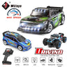 A promotional image featuring the Lacatang Shop WLtoys 1:28 284131 and 284161 Racing Mini RC Cars—rally car, monster truck, and race car. Text highlights features such as a 30 km/h max speed, 2.4GHz remote control, LED lights, 4WD, waterproof design, and a powerful lithium battery with a 130 brush motor for unmatched driving capabilities.