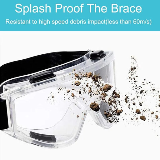 The AliExpress Safety Goggle Anti Splash Dust Proof Work Lab Eyewear Eye Protection is shown with a black adjustable strap. Small debris impacts the goggles, demonstrating their resistance to high-speed debris impact (less than 60m/s). The text reads "Splash Proof The Brace. Resistant to high-speed debris impact (less than 60m/s). Ideal for industrial safety glasses and eye protection.