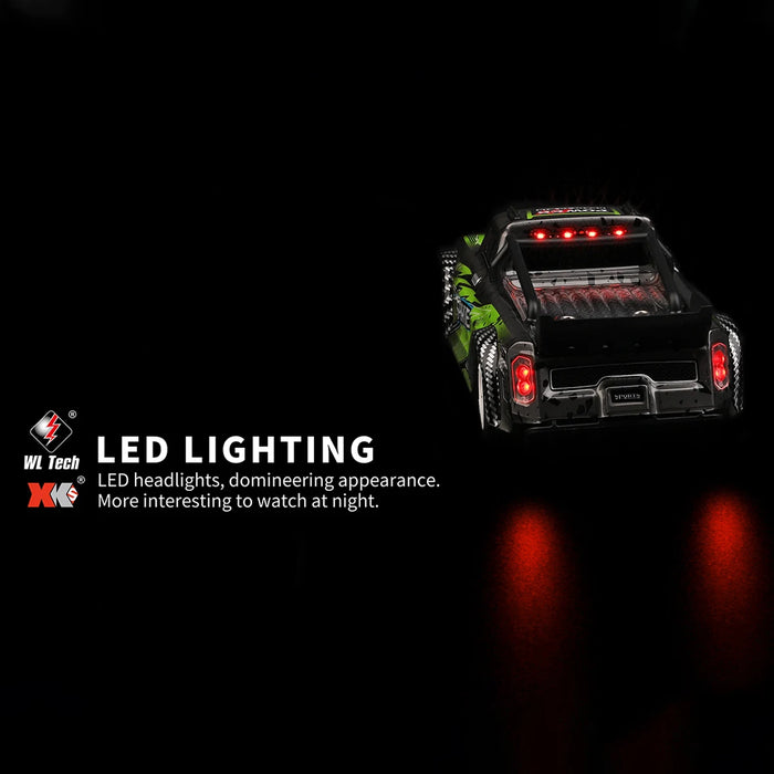 A high-speed electric remote control car from Lacatang Shop, modeled as the WLtoys 1:28 284131 284161 Racing Mini RC Car, is shown driving at night with its bright LED headlights and taillights. The image features text that reads, "LED LIGHTING - LED headlights, domineering appearance. More interesting to watch at 30KM/H." The WL Tech and XK logos are also visible in the scene.