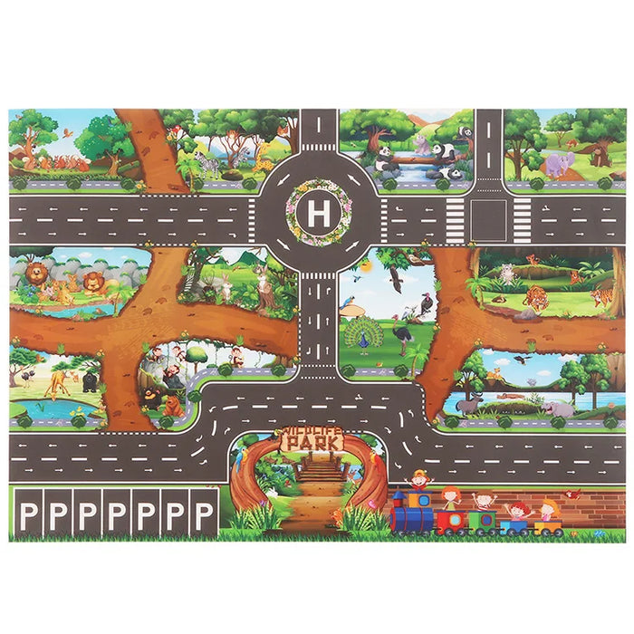 The Lacatang Shop City Traffic Play Mat for Babies is an educational road map carpet featuring roads, parking spaces, a helicopter pad, zoo areas with animals and trees, plus a train illustration with cartoon characters to teach road safety concepts in a fun way.