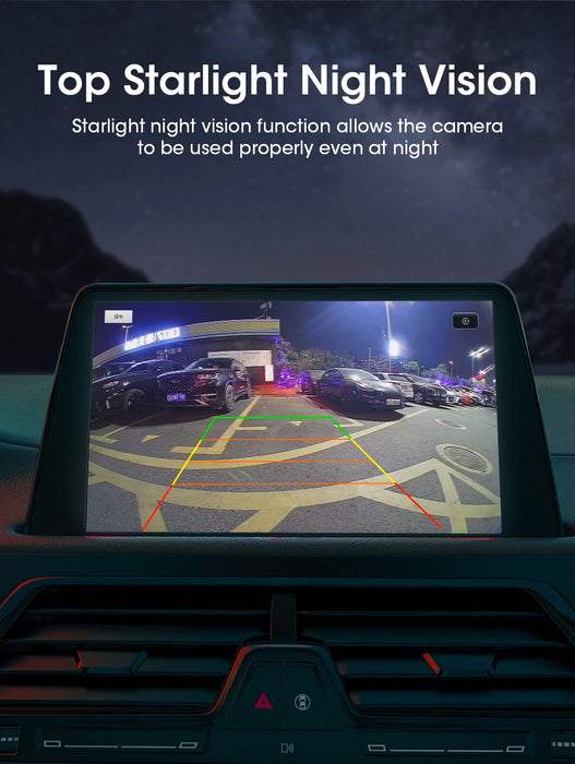 The car dashboard features the Develuck HD 1080P Rear View Camera from Lacatang Shop, showcasing a vivid parking lot with clear lane markers and bright lights. The "Top Starlight Night Vision" text highlights enhanced visibility in challenging night conditions.