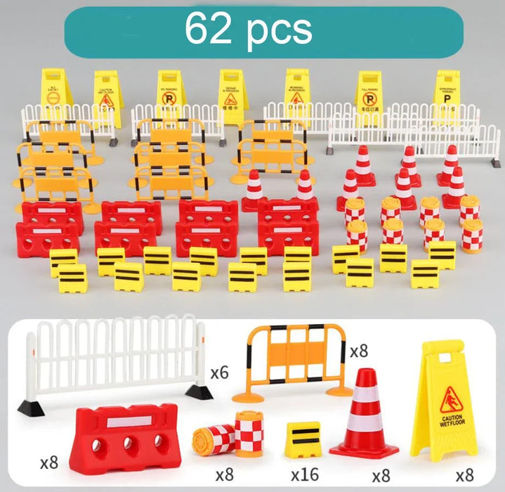 A set of 62 miniature traffic safety toys, including barricades, cones, signs, roadblocks, and barriers in vibrant reds, whites, yellows, and oranges. Perfect for imaginative play and pairs well with Lacatang Shop's Interactive City Traffic Play Mat for Kids.