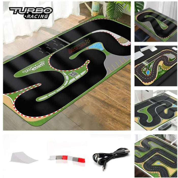 Introducing the 1:76 TURBO RACING Drift Jump Track Mat by Lacatang Shop, a green and black rectangular mat with white and red accents, winding tracks, close-ups of track sections, and accessories like cement blocks and a charging cable.