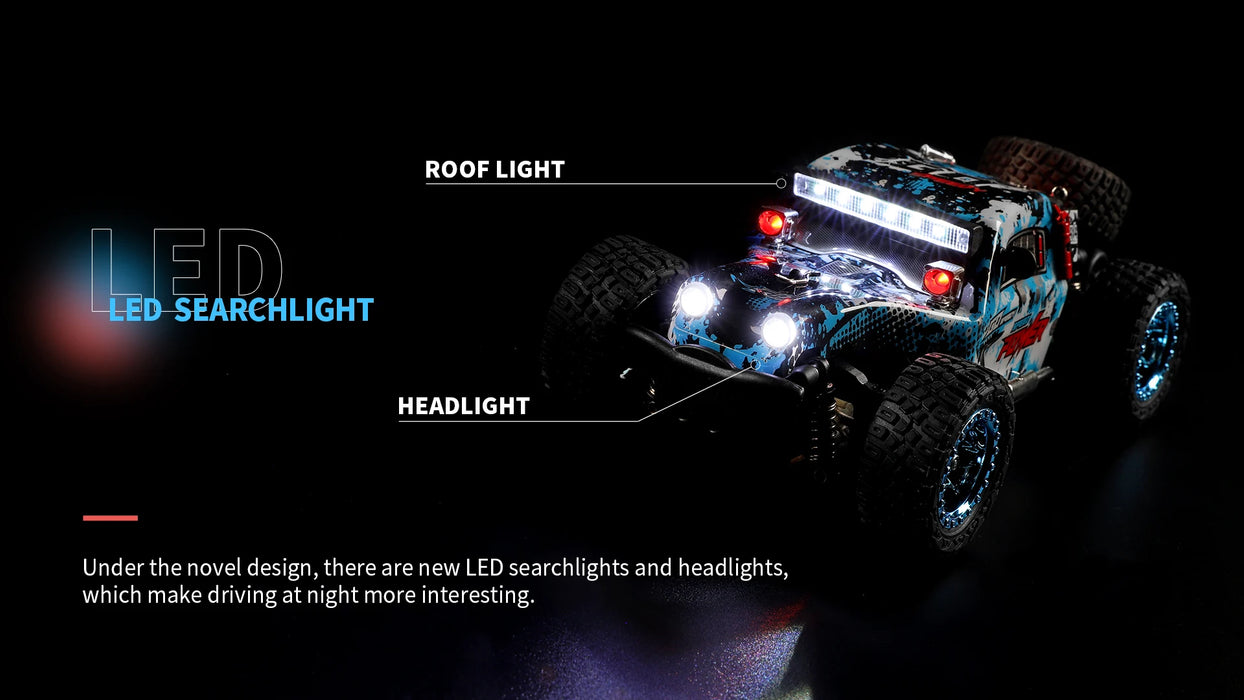 A WLtoys 1:28 284131 284161 RC car from Lacatang Shop is displayed, showcasing its large tires and intricate detailing. The LED searchlights and headlights are illuminated, with labels marking the roof light and headlight. The caption highlights the RC car's new LED searchlights, headlights, and lithium battery that enhance nighttime driving at speeds of up to 30KM/H.