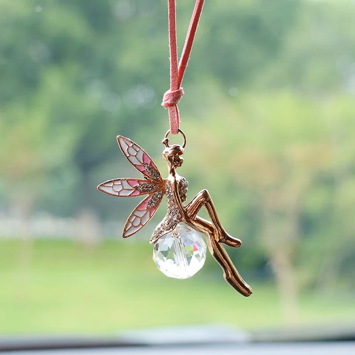 Pink Crystal Sphere Fairy Rearview Mirror Charm for Car Interior Decor