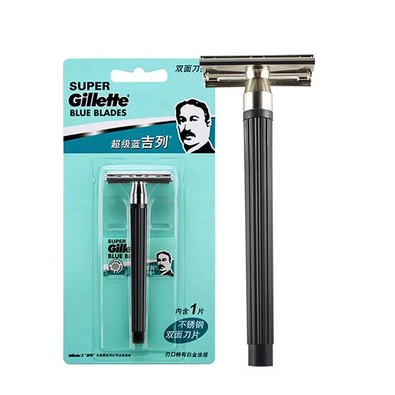 Original Gillette Super Blue Men's Safety Razor with Stainless Steel Blades for Face Hair Removal – Classic Gillette Shaving Razor