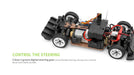 Close-up of the internal components of the WLtoys 1:28 284131 284161 Racing Mini RC Car, featuring a digital steering gear. The text reads, "CONTROL THE STEERING: 5 lines 3 grams digital steering gear control flexible steering, driving more smoothly, bending more stably and durably." It also includes a lithium battery for extended playtime and can reach speeds up to 30KM/H. Available from Lacatang Shop.