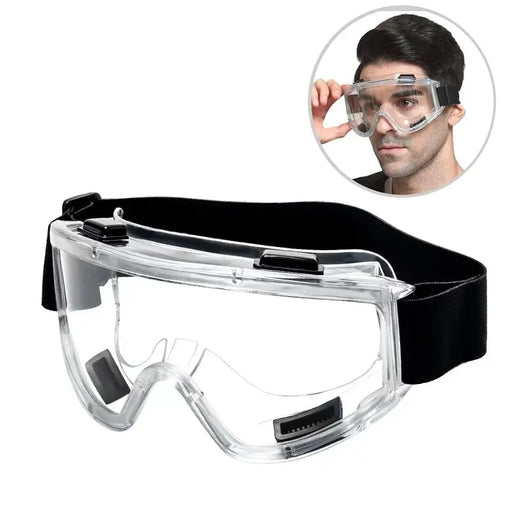 The Anti Splash Dust Proof Work Lab Eyewear Eye Protection from AliExpress features clear safety goggles with a black adjustable strap, specially designed to provide anti-splash eye protection. An inset image showcases a person wearing these industrial safety glasses.